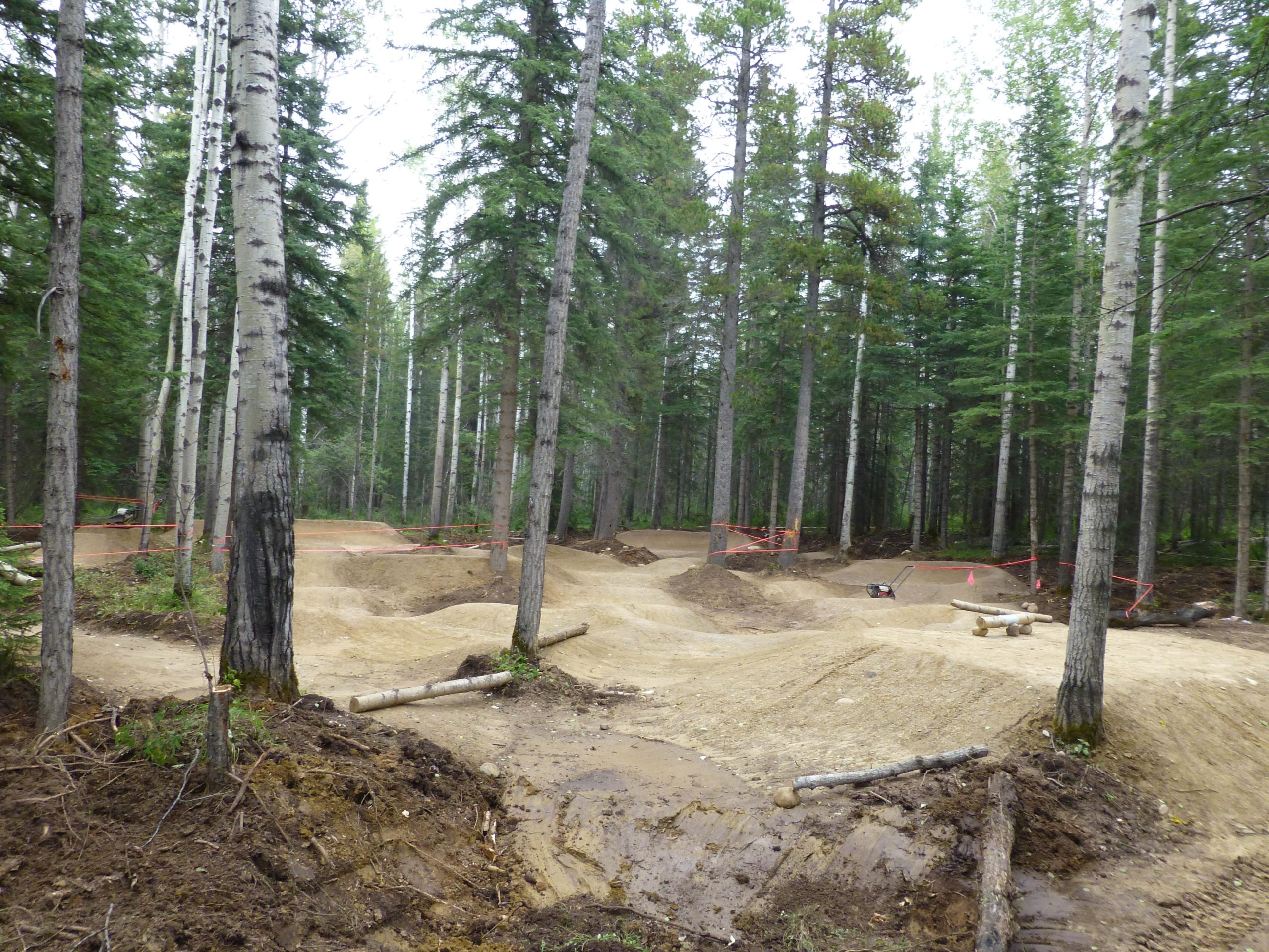 A dirt biking park under development, surrounded by tall, green trees. The area has several dirt mounds and jumps, with orange safety tape marking off sections. The ground features a mix of sand and dirt, and there are fallen logs and tree debris scattered throughout. The sky is overcast, suggesting a cloudy day. Hinton Skills Park mountain bike trail.