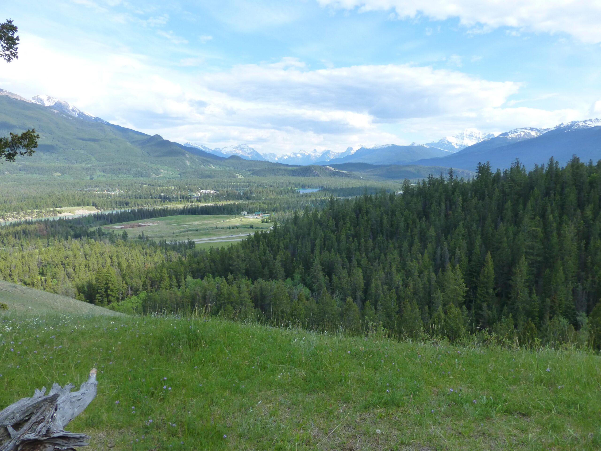 A scenic view of a lush green valley surrounded by mountains under a partly cloudy sky. The landscape features a mix of forests and open fields, with distant snow-capped peaks in the background. Pyramid Bench mountain bike trail.