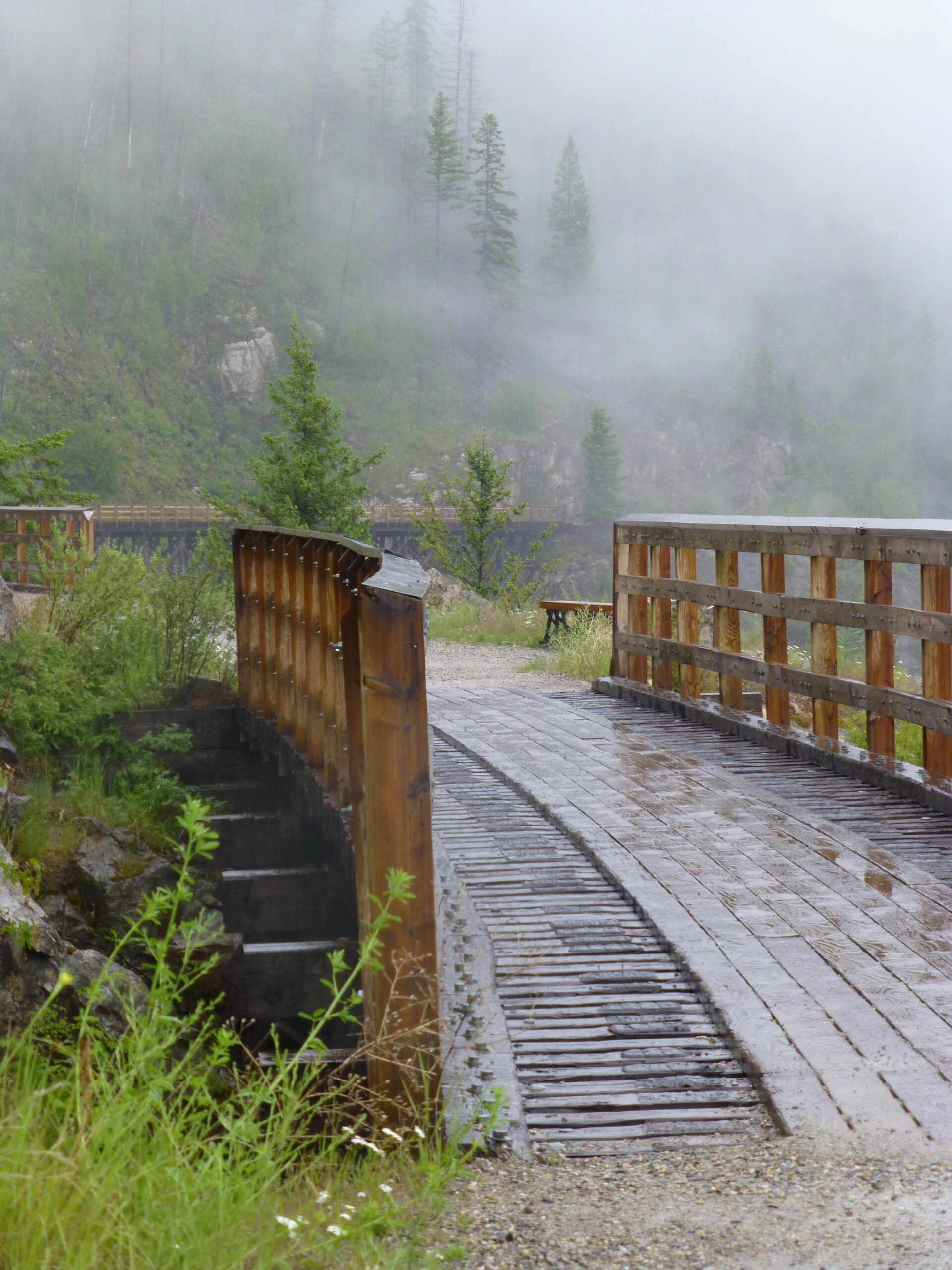 A wooden footbridge curving gently over a misty landscape, surrounded by lush greenery and tall trees. The scene is shrouded in fog, creating a serene and atmospheric setting. Rain droplets are visible on the wooden planks, suggesting a recent rainfall. Kettle Valley Railway Trail (KVR) Myra Canyon to Penticton return mountain bike trail.