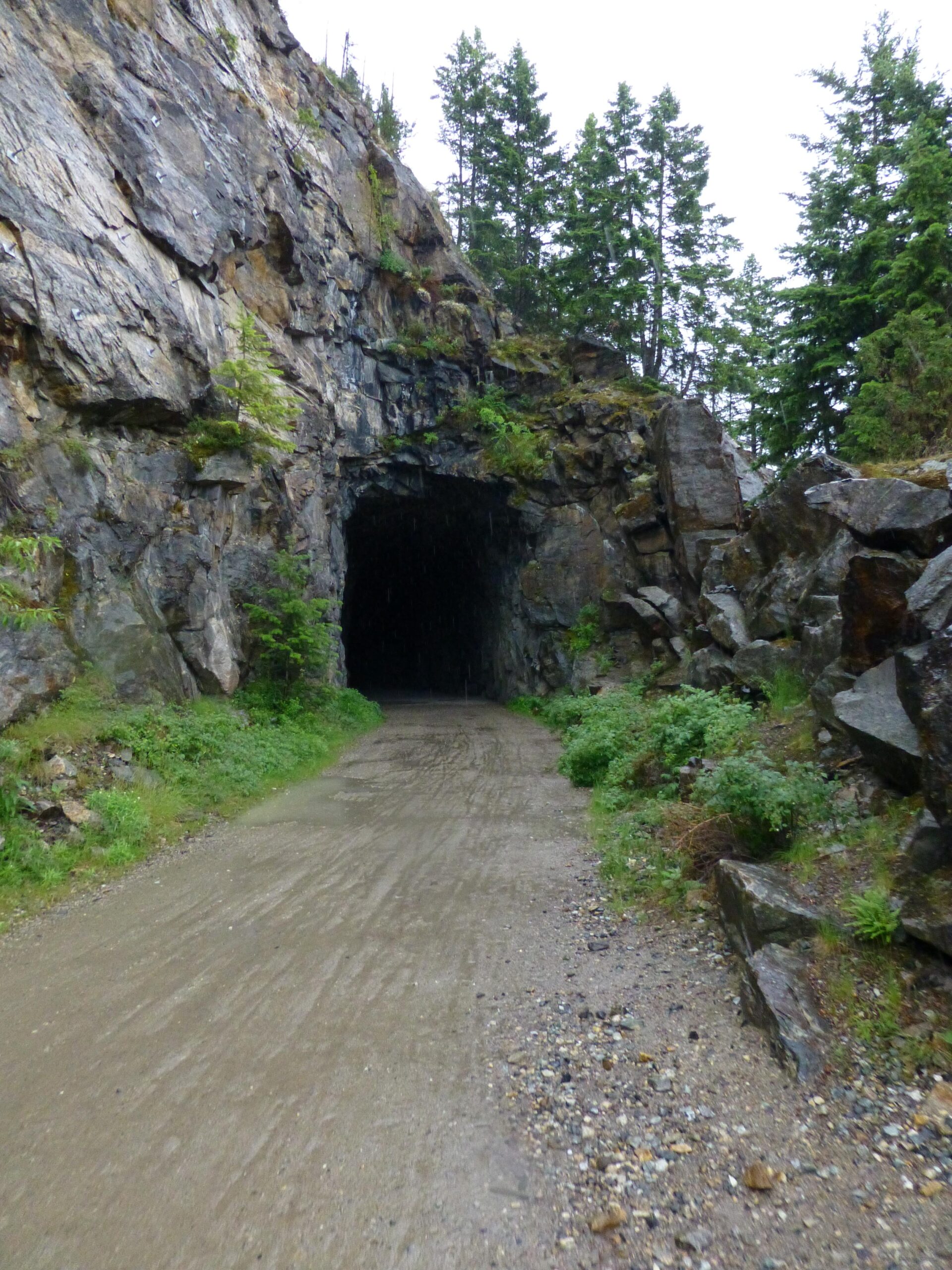 A dirt path leads toward a dark tunnel carved into a rocky cliff, surrounded by lush greenery and tall trees. The scene appears to be in a forested area, with slightly wet ground indicating recent rain. Kettle Valley Railway Trail (KVR) Myra Canyon to Penticton return mountain bike trail.