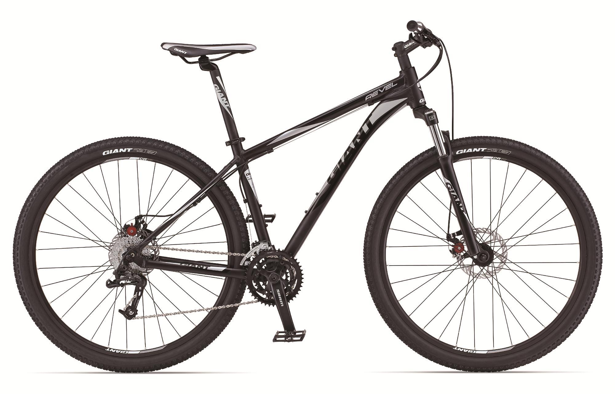 A black mountain bike featuring a sleek frame, wide tires, and disc brakes, displayed against a white background. The bike showcases a modern design with prominent branding on the frame and tires, suitable for trail riding.