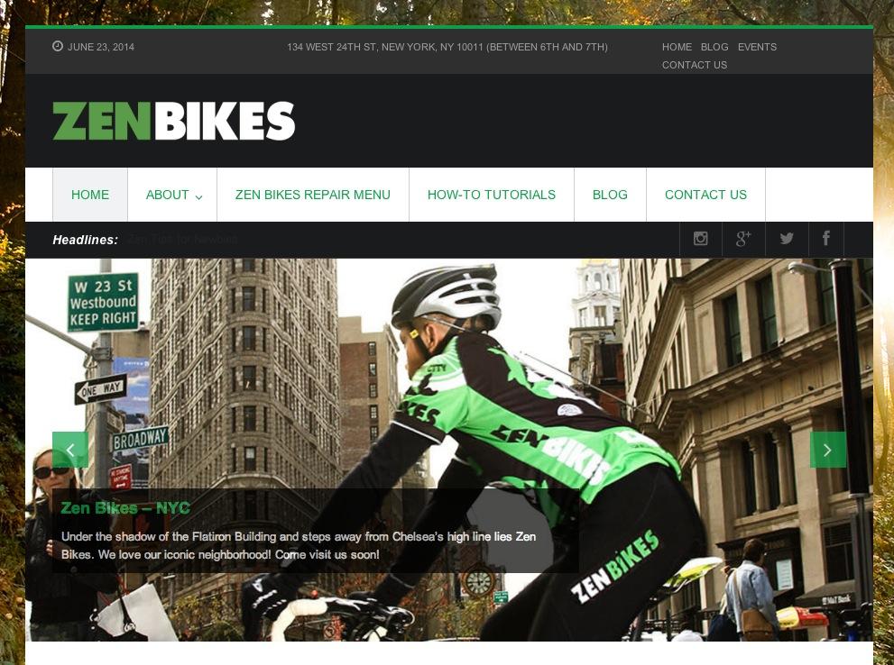 Image of a cyclist in a bright green and black jersey with "Zen Bikes" branding, riding in front of the iconic Flatiron Building in New York City. Street signs are visible, including "W 23 Westbound Keep Right" and "Broadway." The scene captures a bustling urban environment with pedestrians in the background.