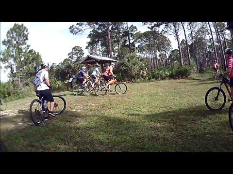 A group of cyclists gathered in a wooded area, with several individuals on bicycles near a small wooden shelter. The scene features lush greenery and tall trees, with participants preparing to ride along a grassy trail. Palmetto Trail mountain bike trail.