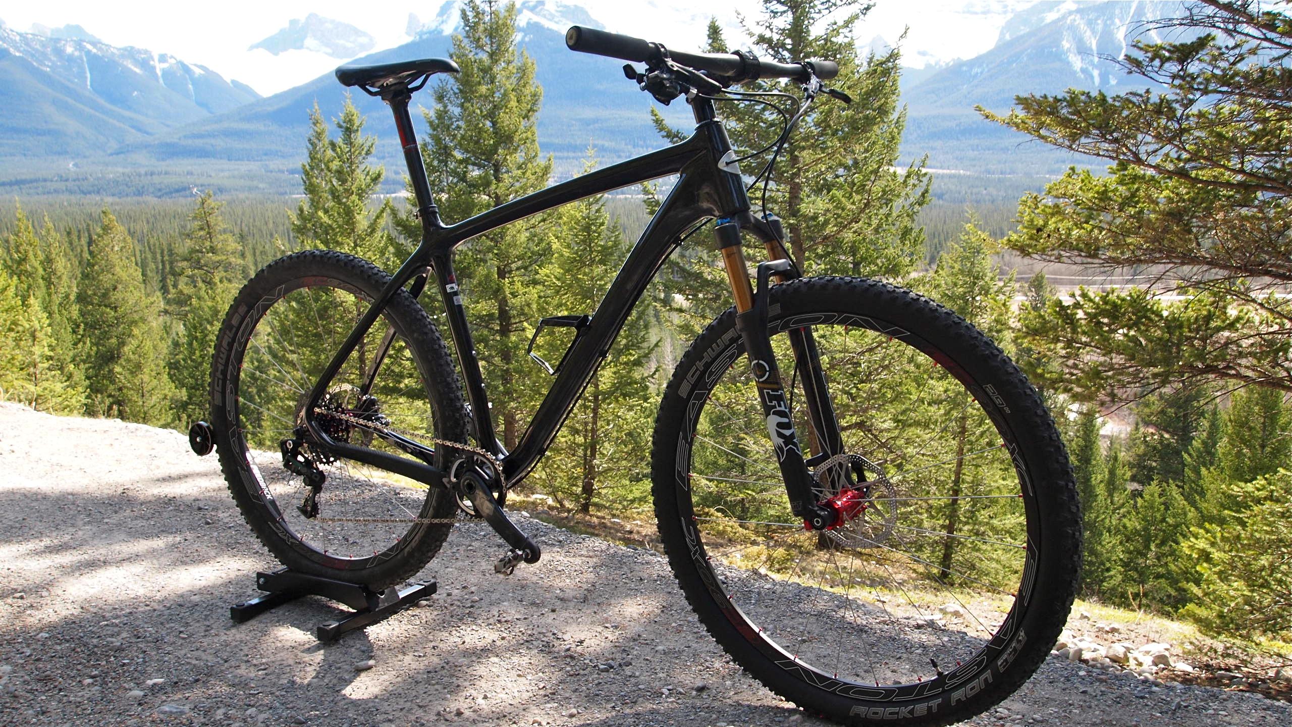 Niner Air 9 RDO: A black mountain bike positioned on a gravel path, surrounded by lush green trees and mountains in the background. The bike features thick tires, a sturdy frame, and a visible suspension system, with a clear blue sky overhead.