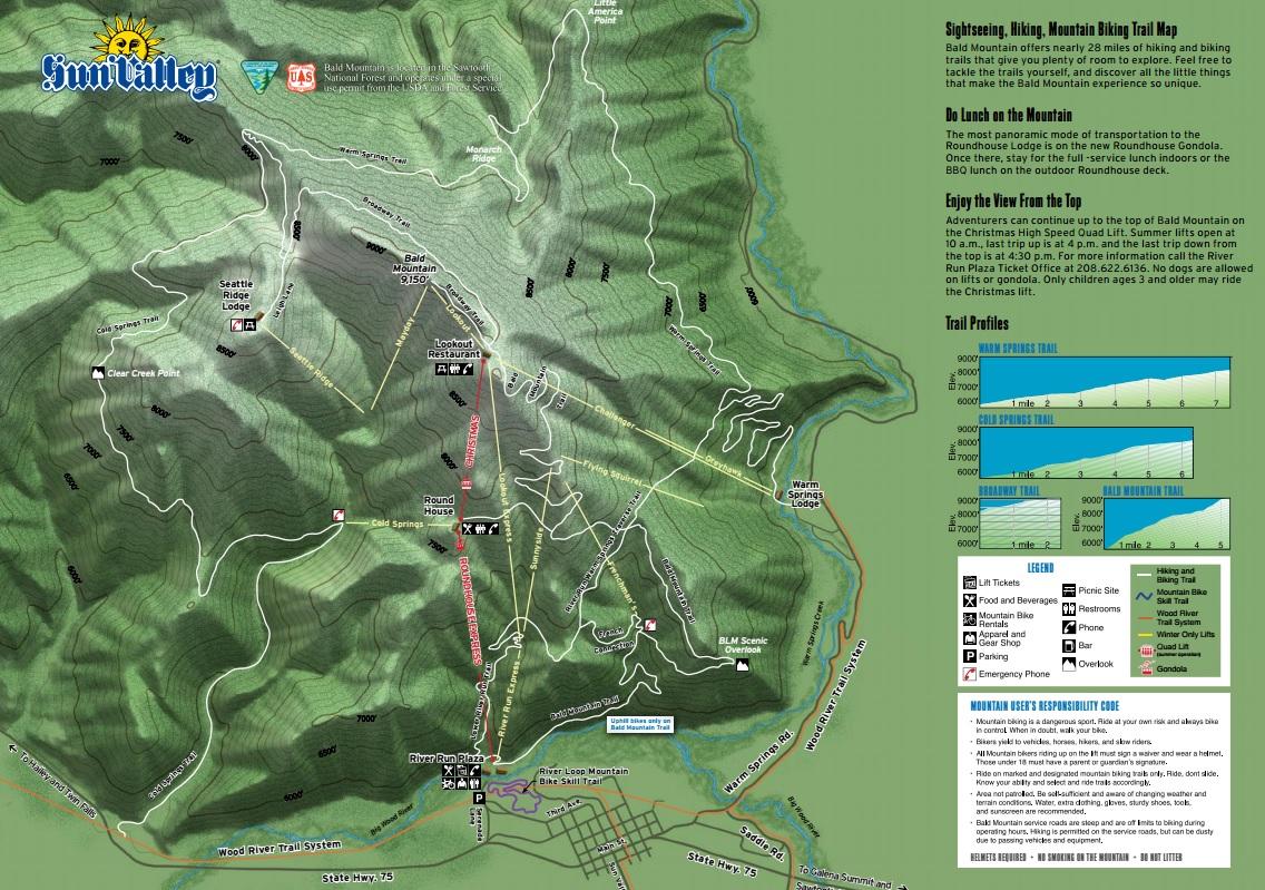 Map of Bald Mountain, detailing approximately 28 miles of hiking and mountain biking trails, with notable locations such as the Lookout Restaurant, Warm Springs Lodge, and River Run Plaza. The map includes trail profiles, access points, and a legend for facilities and services available in the area. Bald Mountain Bike Park mountain bike trail.