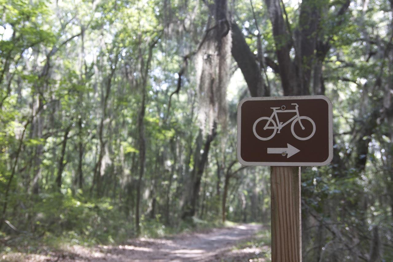 A brown sign with a bicycle icon and an arrow pointing to the right, situated along a wooded bike trail. Lush green trees and Spanish moss are visible in the background, indicating a natural and serene environment. Blythe Island Off-Road Bicycle Trail mountain bike trail.