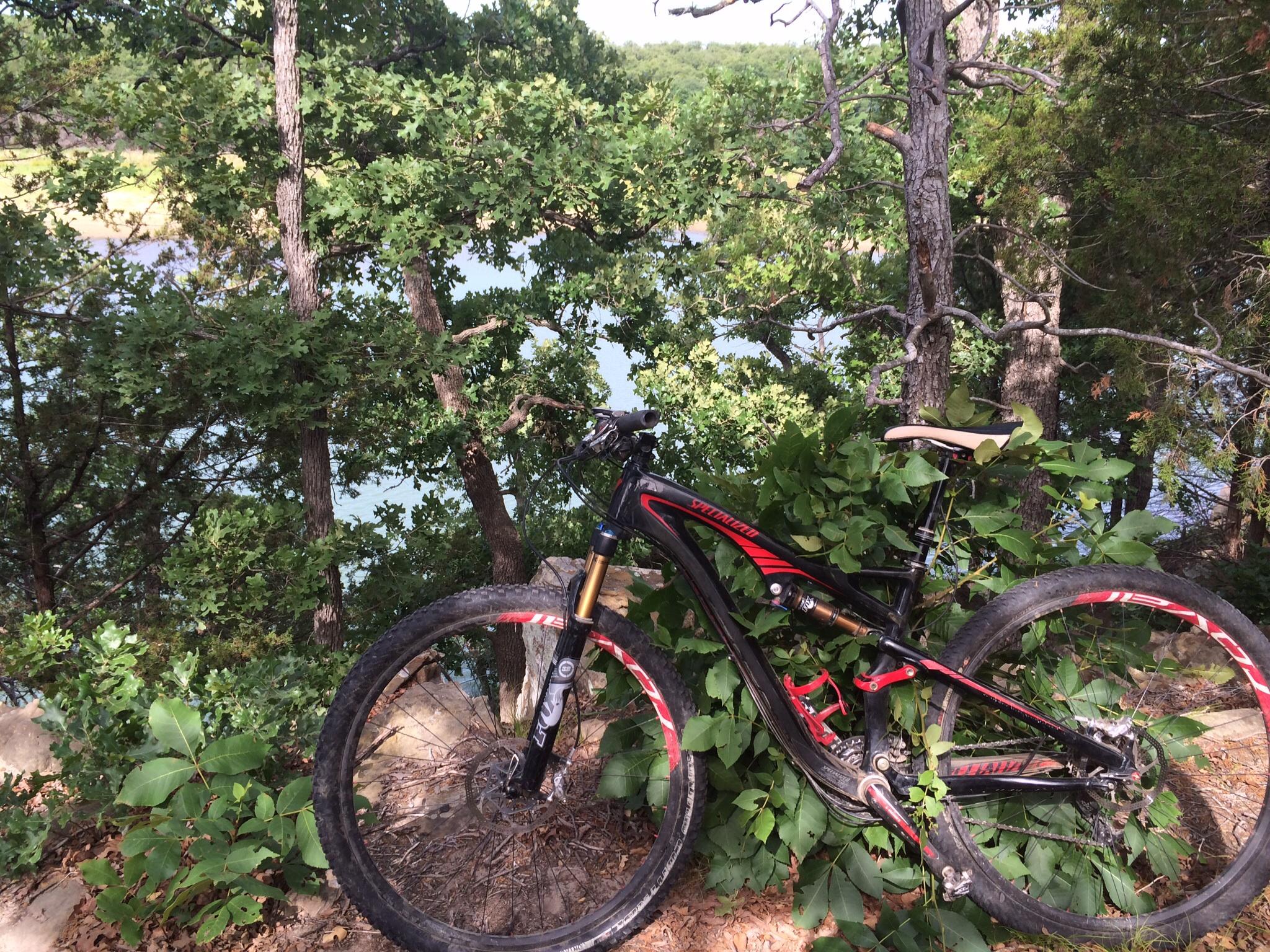 A mountain bike resting against a bush, surrounded by lush green trees, with a glimpse of a body of water visible in the background. The scene captures a tranquil outdoor setting ideal for biking or exploring nature. Lake Murray State Park mountain bike trail.