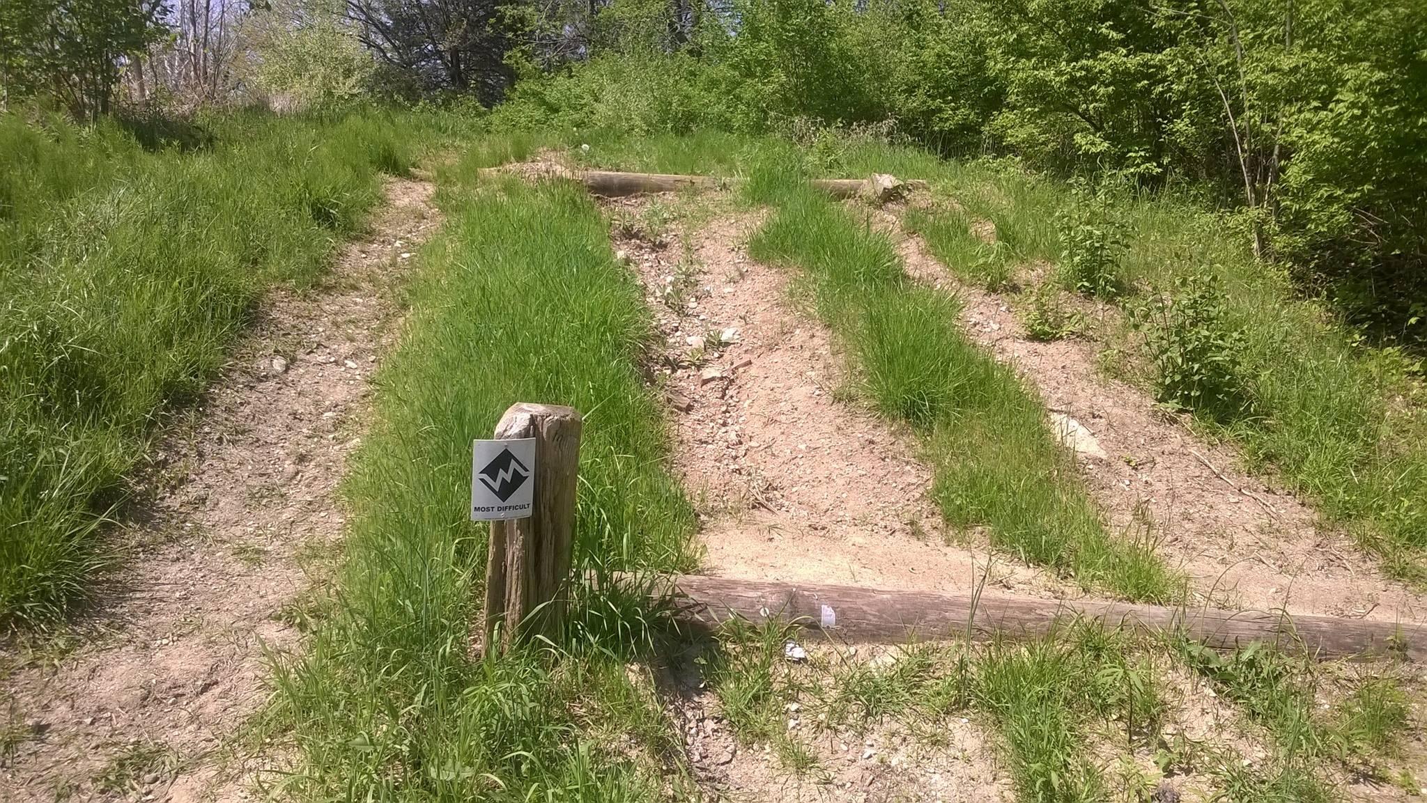 A dirt trail with two steep, grassy slopes on either side, marked by a wooden post displaying a sign that reads "Most Difficult." Lush green vegetation surrounds the path, which appears to be well-used but rugged. The scene is set in a natural environment with trees visible in the background. Fort Harrison State Park mountain bike trail.