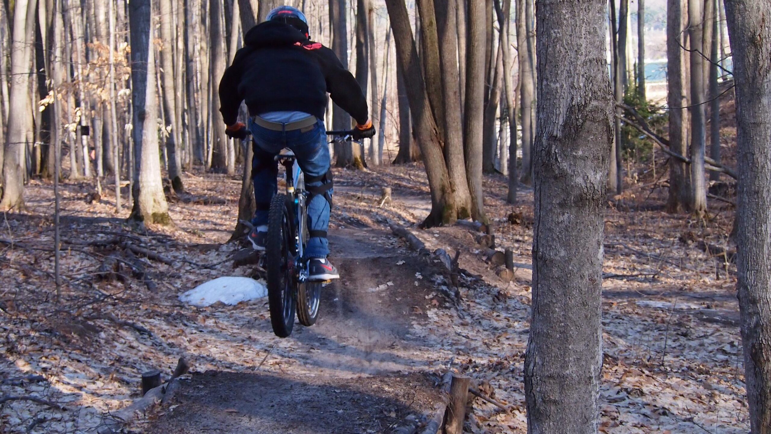 A mountain biker in a black hoodie and helmet jumps off a dirt ramp on a forest trail, surrounded by trees with sparse leaves and visible earth. Dust kicks up from the tires as the biker soars through the air, showcasing a dynamic moment in outdoor cycling. Copper Ridge Freeride mountain bike trail.