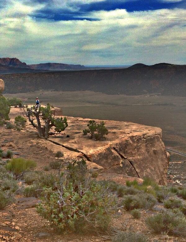 A person stands on the edge of a rocky cliff, overlooking a vast valley with distant mountains under a cloudy sky. Sparse vegetation, including bushes and a small tree, is visible on the cliffside. The scene captures the dramatic landscape and the sense of adventure in a natural setting. Gooseberry Mesa mountain bike trail.