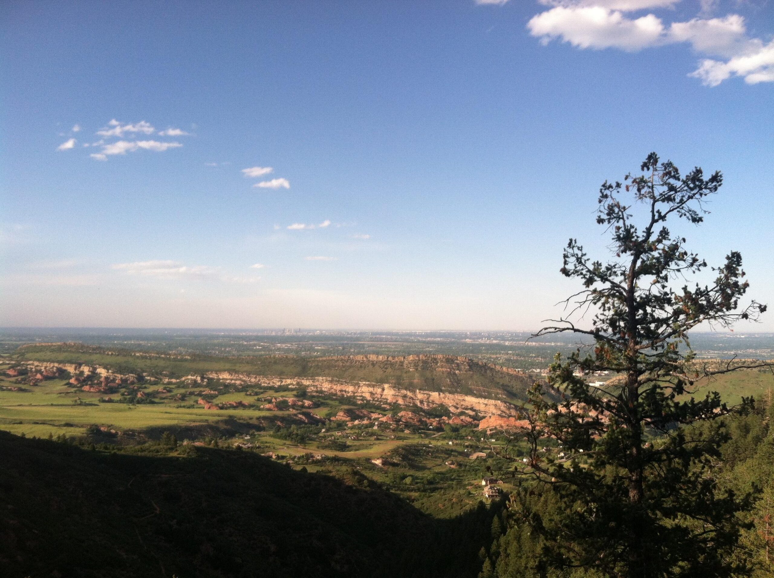 A panoramic view of a lush valley surrounded by rocky cliffs and rolling hills, with a lone tree in the foreground. The sky is clear with a few scattered clouds, and distant city buildings can be seen on the horizon. Deer Creek Canyon mountain bike trail.