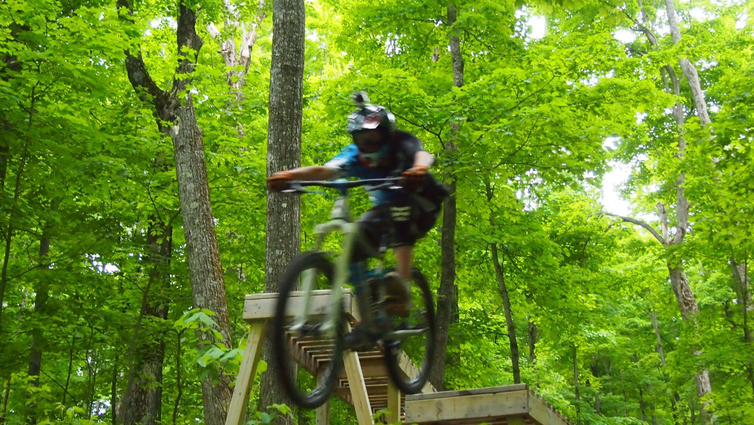 A mountain biker in motion jumps off a wooden ramp in a lush green forest, surrounded by tall trees and vibrant foliage. The biker is wearing a helmet and protective gear, emphasizing the thrill of the ride. Boyne Highlands mountain bike trail.