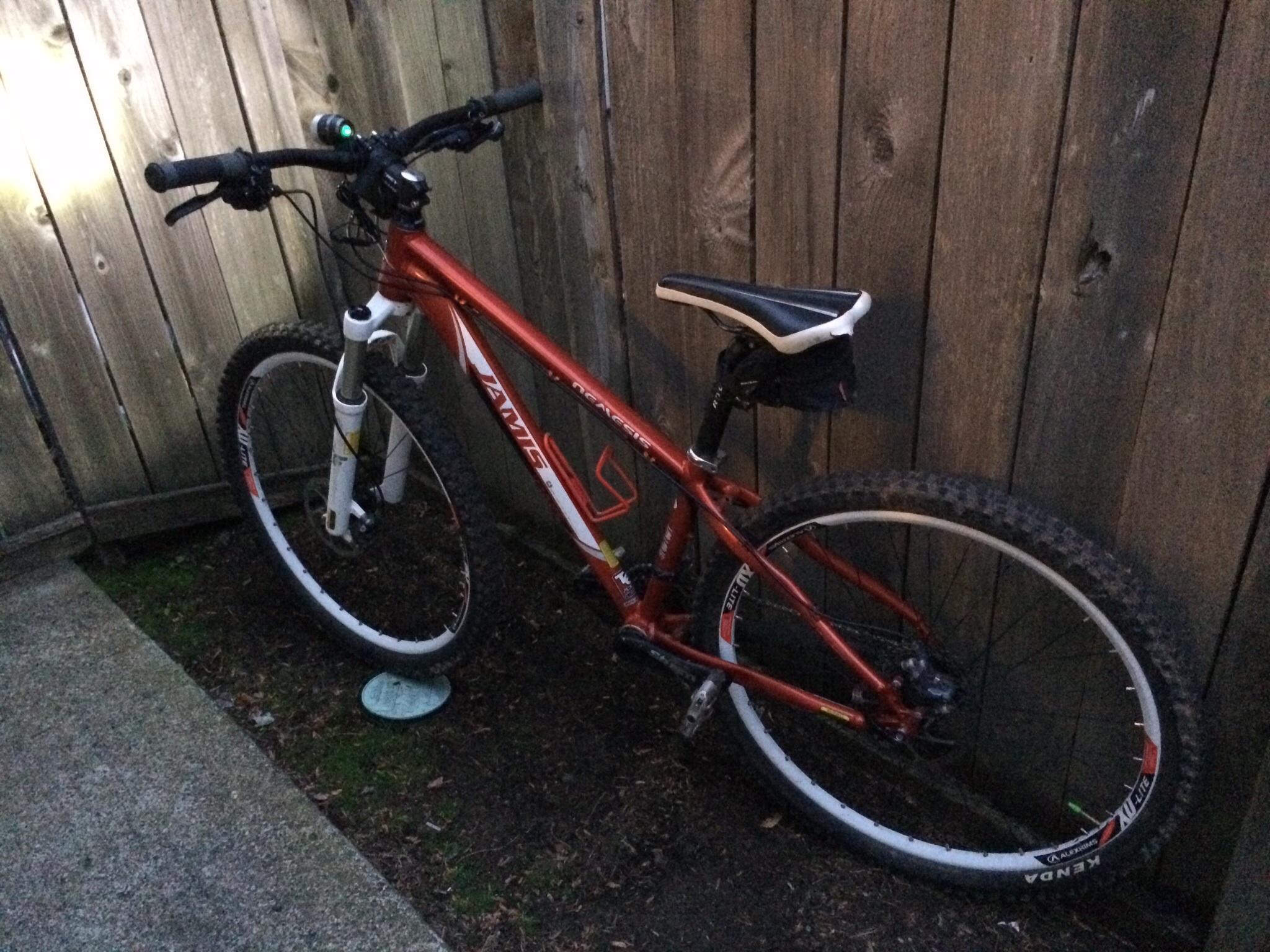 Jamis Nemesis: A mountain bike with a red and white frame is parked against a wooden fence, partially illuminated by a light. The bike has thick tires suitable for off-road riding and a small black saddlebag attached to the seat. The ground is a mix of dirt and leaves, and there is a circular object visible near the front wheel.