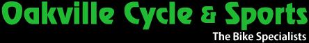 Logo for Oakville Cycle & Sports, featuring the text "Oakville Cycle & Sports" in green with the tagline "The Bike Specialists" below it, set against a black background.