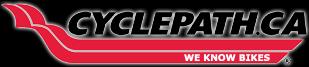 Logo of Cyclepath, featuring the text "CYCLEPATH.CA" in bold black letters, with a red swoosh design underneath and the slogan "WE KNOW BIKES" in smaller white font. The background is black.