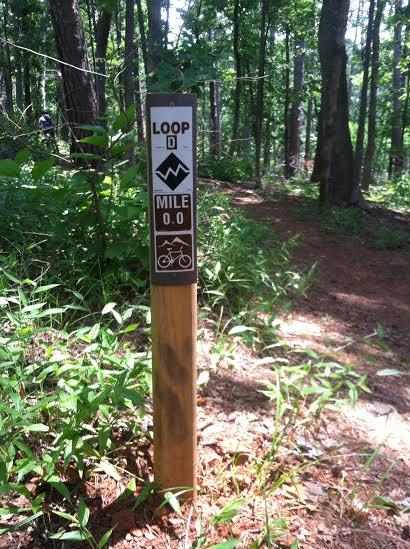 Trail sign for Loop D, indicating the starting point at Mile 0. Surrounded by dense greenery in a forested area, with a biking symbol at the bottom of the sign. Tyler State Park mountain bike trail.