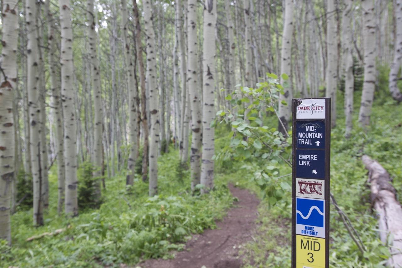 A signpost in a lush forest of aspen trees, indicating the direction to the Mid-Mountain Trail and Empire Link. The trail is marked as moderately difficult, with additional information about trail classification. The surrounding area features dense greenery and a clear dirt path leading into the woods. Mid Mountain mountain bike trail.