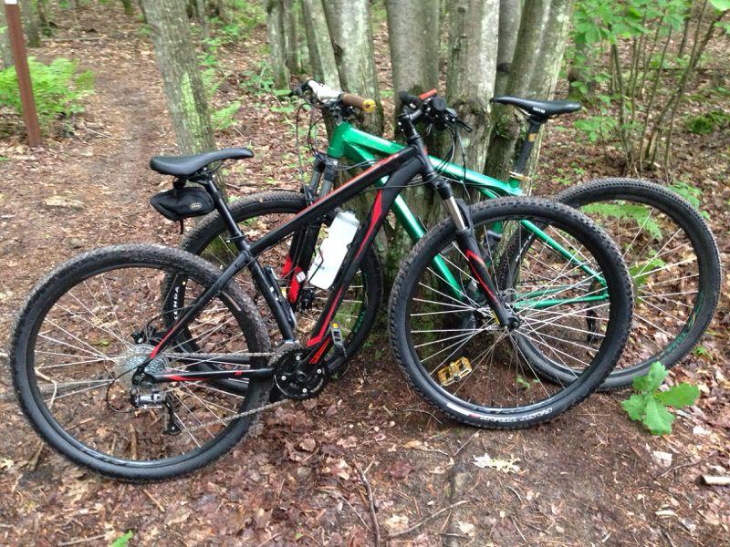 Two mountain bikes parked against a tree in a wooded area, surrounded by leafy green foliage and a dirt trail. The first bike is predominantly black with red accents, while the second bike is green. The ground is covered in fallen leaves. Levis Mounds mountain bike trail.