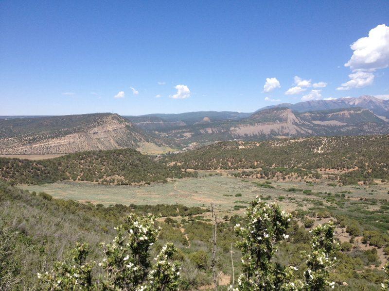 A panoramic view of a scenic landscape featuring rolling green hills, distant mountains, and blue skies with scattered clouds. The foreground includes shrubbery with white flowers, while the background showcases a vast valley stretching towards the mountains. Telegraph Trail System mountain bike trail.