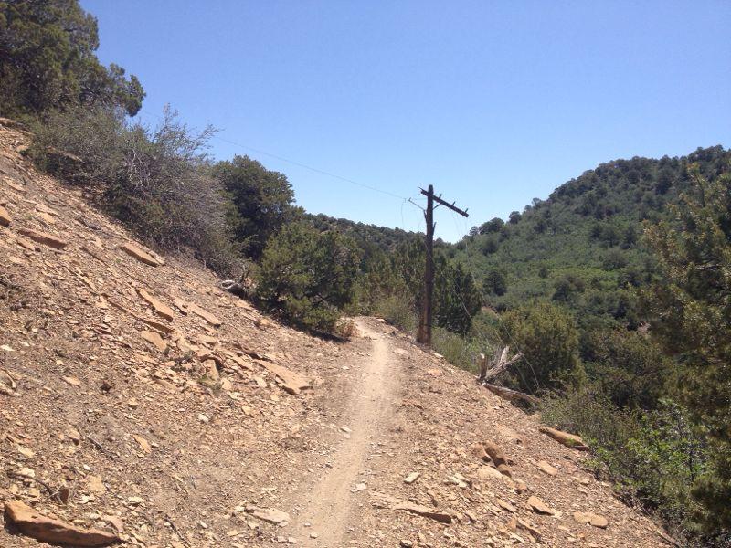 A dirt path winding through a rocky hillside with sparse vegetation, leading into a green valley surrounded by mountains under a clear blue sky. A wooden utility pole stands beside the trail, with power lines stretching into the landscape. Telegraph Trail System mountain bike trail.