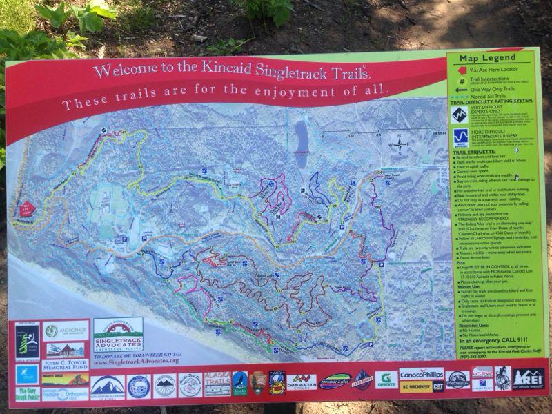 Map of the Kincaid Singletrack Trails, featuring trail routes, difficulty ratings, and important information for visitors, including a "You Are Here" locator and trail etiquette guidelines. Kincaid Park mountain bike trail.