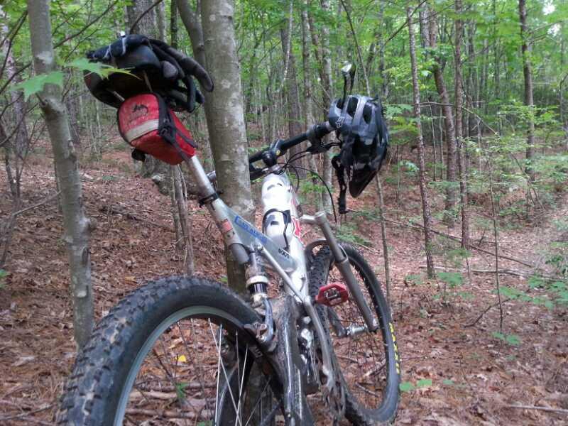 A mountain bike resting against a tree in a wooded area, with a pair of gloves and a helmet placed on the handlebars. The ground is covered with fallen leaves, and the surrounding trees are green and lush, indicating a peaceful outdoor trail. Stonewall Falls Loop mountain bike trail.