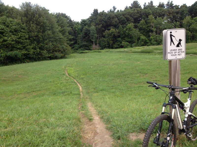 A grassy park area with a winding dirt path leading into a wooded area. In the foreground, a mountain bike is resting against a wooden post that displays a sign reminding pet owners to leash their dogs and pick up after them. Lush greenery surrounds the scene. Callahan State Park mountain bike trail.