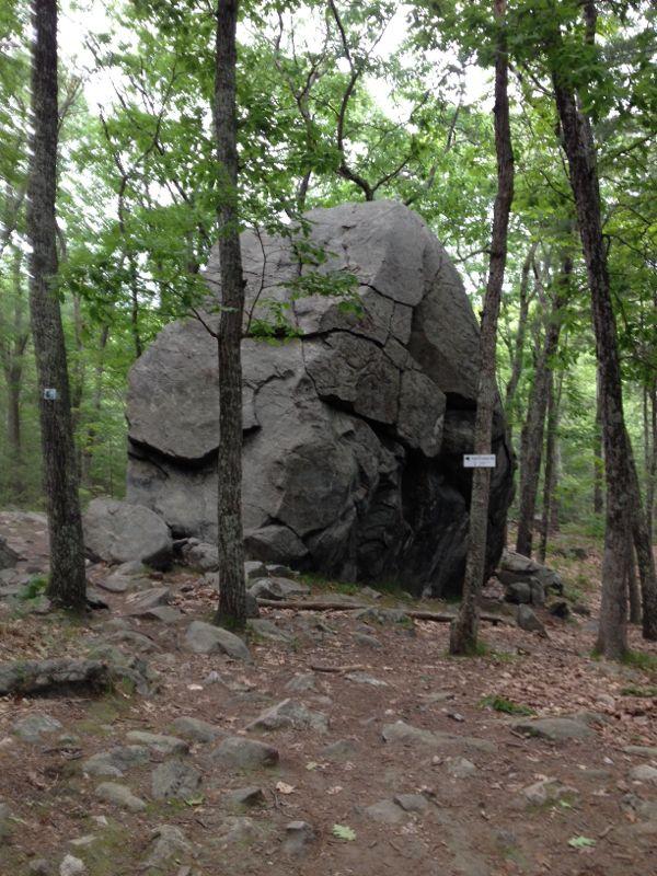 Large boulder surrounded by trees in a forest setting, with a dirt path and smaller rocks in the foreground. A sign is visible attached to a tree near the boulder. Harold Parker State Forest mountain bike trail.