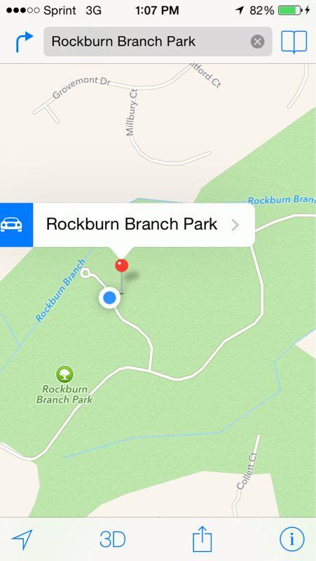 Map showing Rockburn Branch Park with a highlighted location in blue and a nearby road network. The map includes surrounding streets and areas in green. Rockburn Branch Park mountain bike trail.