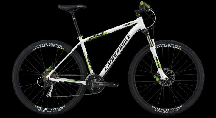 Cannondale Trail 29 4: A white and green Cannondale mountain bike with a sleek design, featuring wide tires and a lightweight frame. The bike is positioned against a black background, highlighting its components, including the handlebars, seat, and gears.