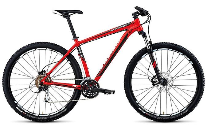Specialized Rockhopper 29: A red mountain bike with a lightweight frame, featuring thick tires, front suspension, and disc brakes, positioned against a neutral background.