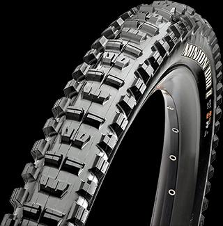 Maxxis Minion DHR II: A close-up view of a mountain bike tire featuring pronounced tread patterns designed for enhanced traction and grip on rough terrains. The tire is labeled "Minion DHR II" and is shown against a black background.