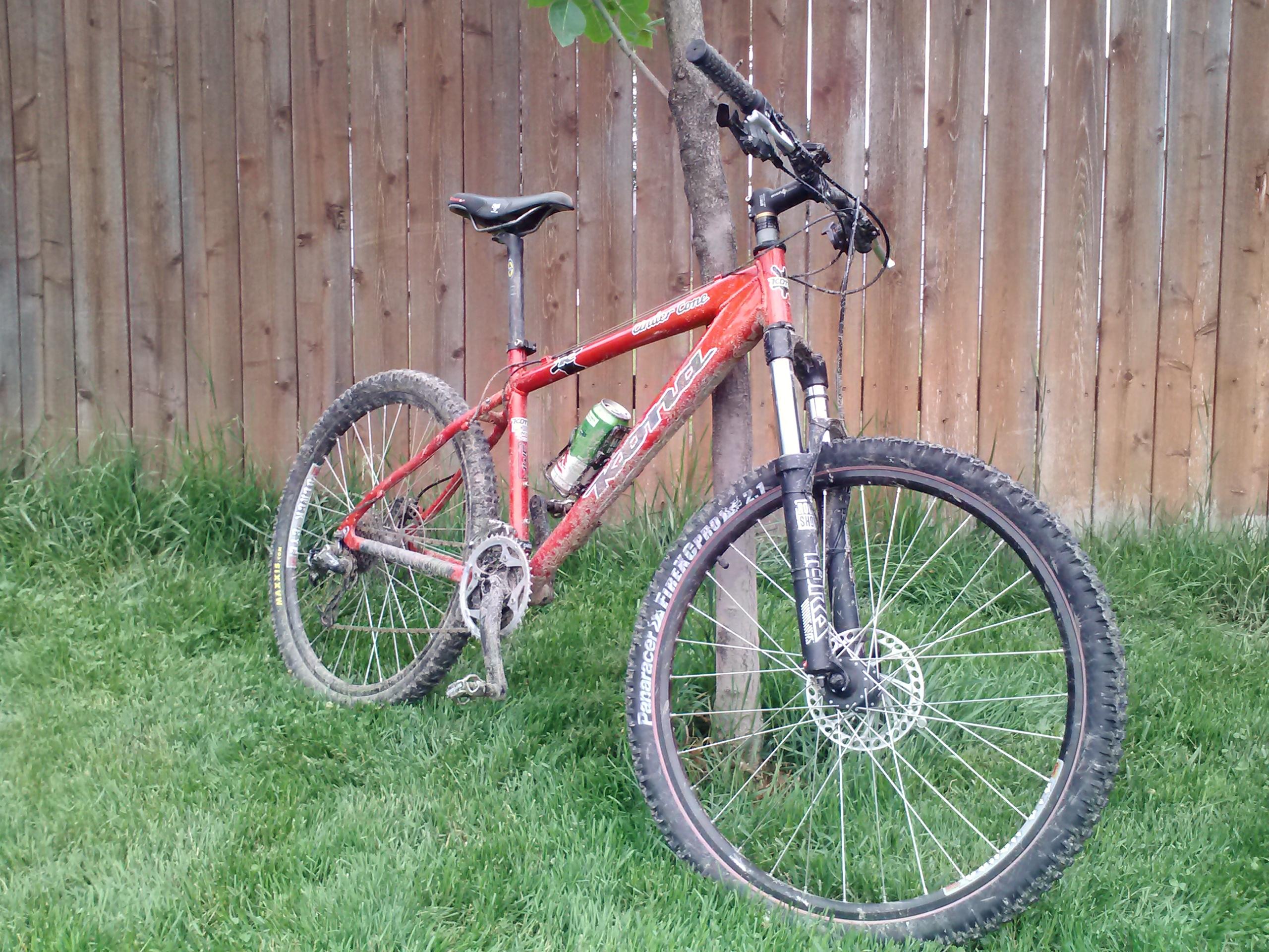 Kona Cinder Cone: A red mountain bike resting against a small tree in a grassy area, with a wooden fence in the background. The bike shows signs of dirt and use, indicating it has been taken off-road. There is a beverage can placed in the bike's frame.