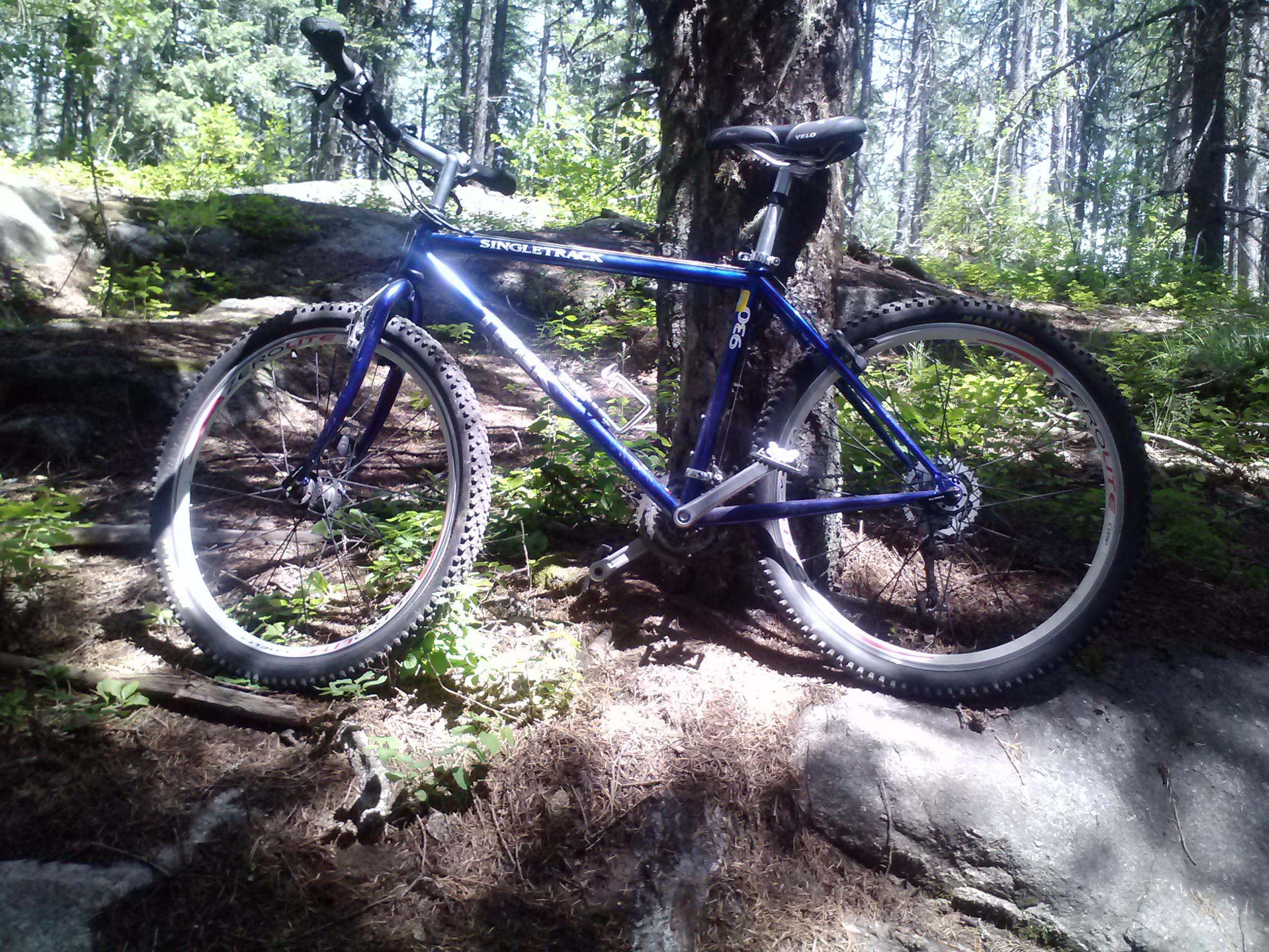 Trek 930: A blue mountain bike resting on rocky ground in a forested area, surrounded by trees and greenery. Sunlight filters through the leaves, highlighting the bike's tires and frame.