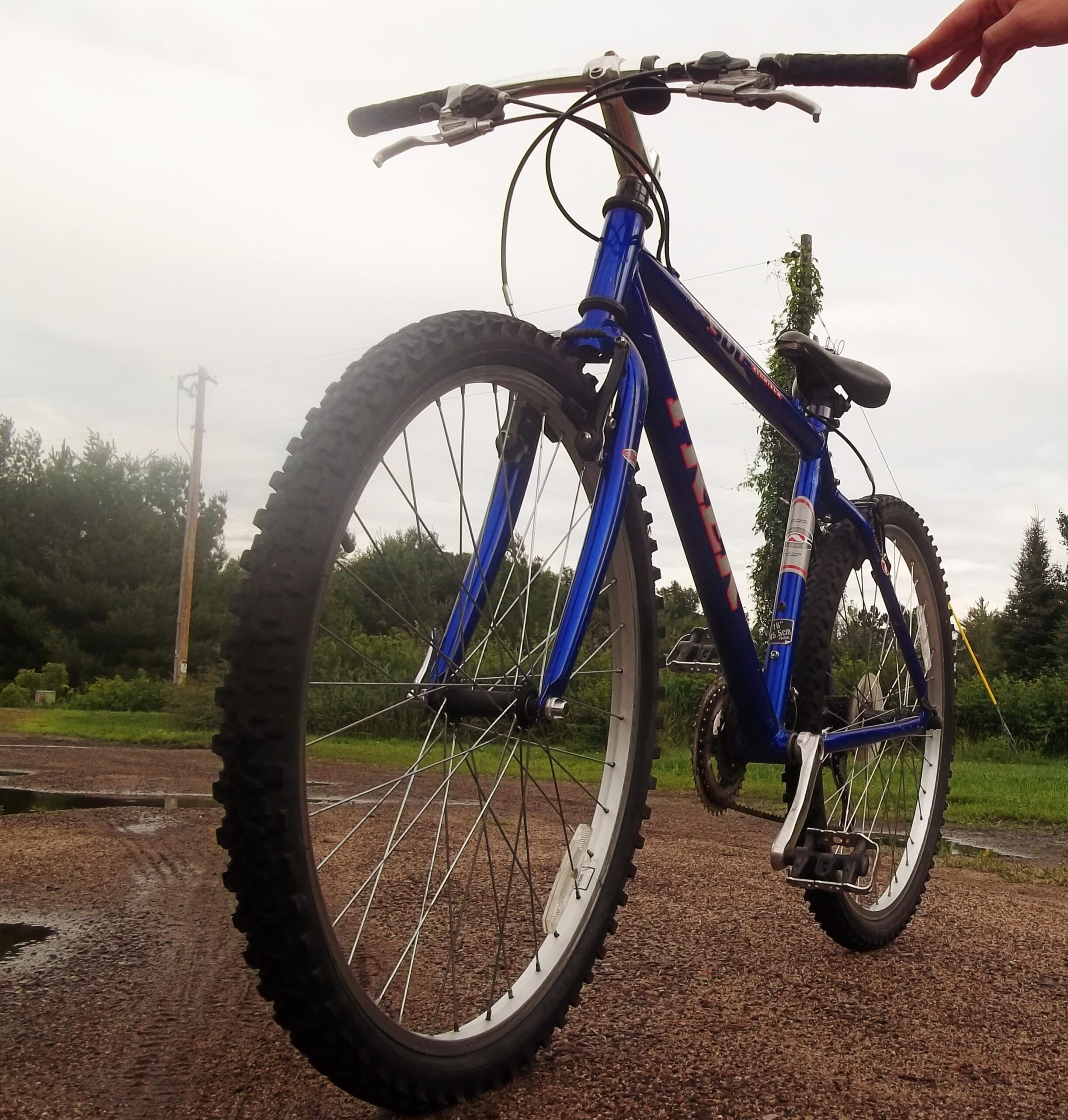 Trek 4300: A close-up view of a blue mountain bike positioned on a gravel path, showcasing the front wheel, handlebars, and part of the frame. The background features greenery and a cloudy sky, suggesting an outdoor setting.