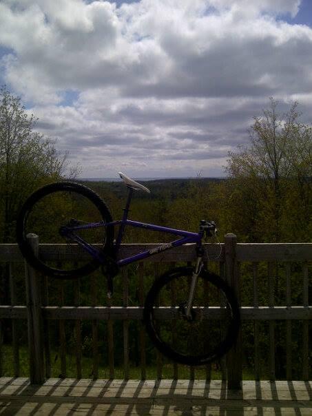 A purple mountain bike leaning against a wooden railing, overlooking a scenic landscape with rolling hills and trees under a partly cloudy sky.