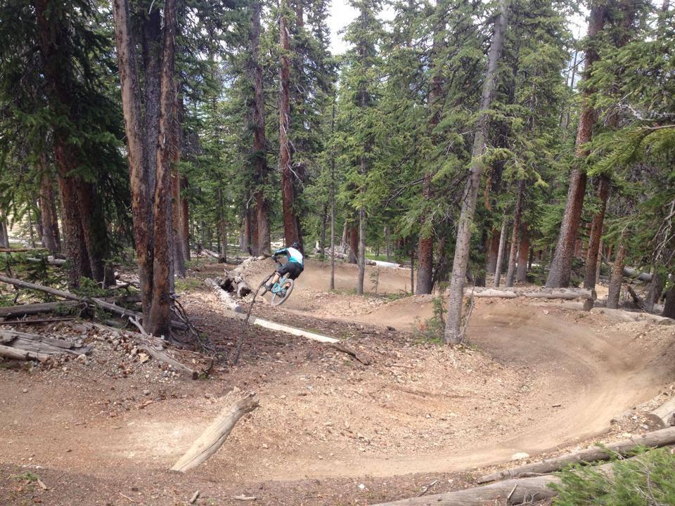 A mountain biker in mid-air performing a jump on a dirt trail surrounded by tall pine trees. The path features winding turns and uneven terrain, showcasing a natural forest setting. Keystone Resort Bike Park mountain bike trail.