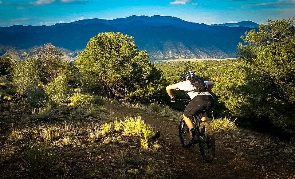 A mountain biker riding along a rocky trail in a scenic landscape, with lush green vegetation and distant mountains under a clear sky. Methodist Mountain mountain bike trail.