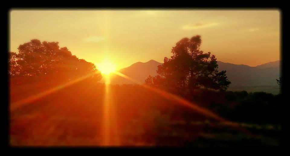 A vibrant sunset casts warm hues of orange and yellow over a mountainous landscape, framed by silhouetted trees in the foreground. Rays of sunlight burst through the horizon, creating a dramatic and serene atmosphere. Methodist Mountain mountain bike trail.