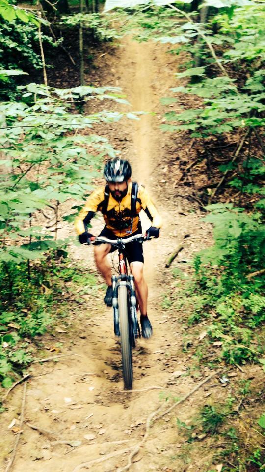 Specialized Epic Expert: A person riding a mountain bike along a narrow dirt trail in a forested area, surrounded by greenery and trees. The cyclist is wearing a helmet and a bright yellow jersey, focusing on navigating the uneven terrain.