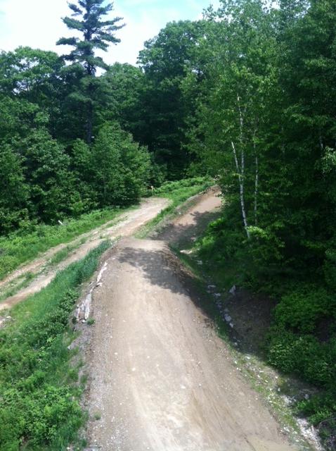 A dirt trail winding through a lush green forest, with trees on either side and a clear blue sky above. The path divides into two directions, one continuing straight and the other curving to the left. Sunlight filters through the foliage, creating a vibrant and inviting atmosphere. Highland Mountain Bike Park mountain bike trail.