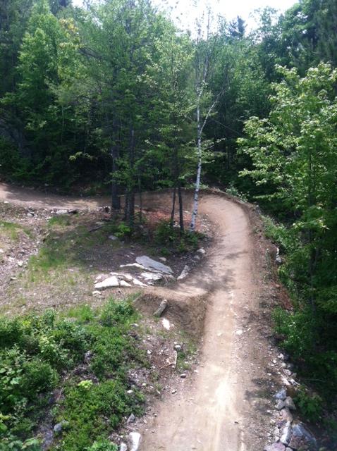 A winding dirt trail surrounded by lush green vegetation and trees, leading into a forested area. The path curves gently to the right, with patches of rocks and grass visible along the edges. Highland Mountain Bike Park mountain bike trail.