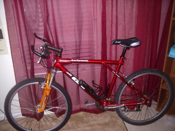 GT Backwoods: A red mountain bike with a black seat, featuring thick tires and a front suspension fork. The bike is positioned on a carpeted floor near a burgundy curtain.