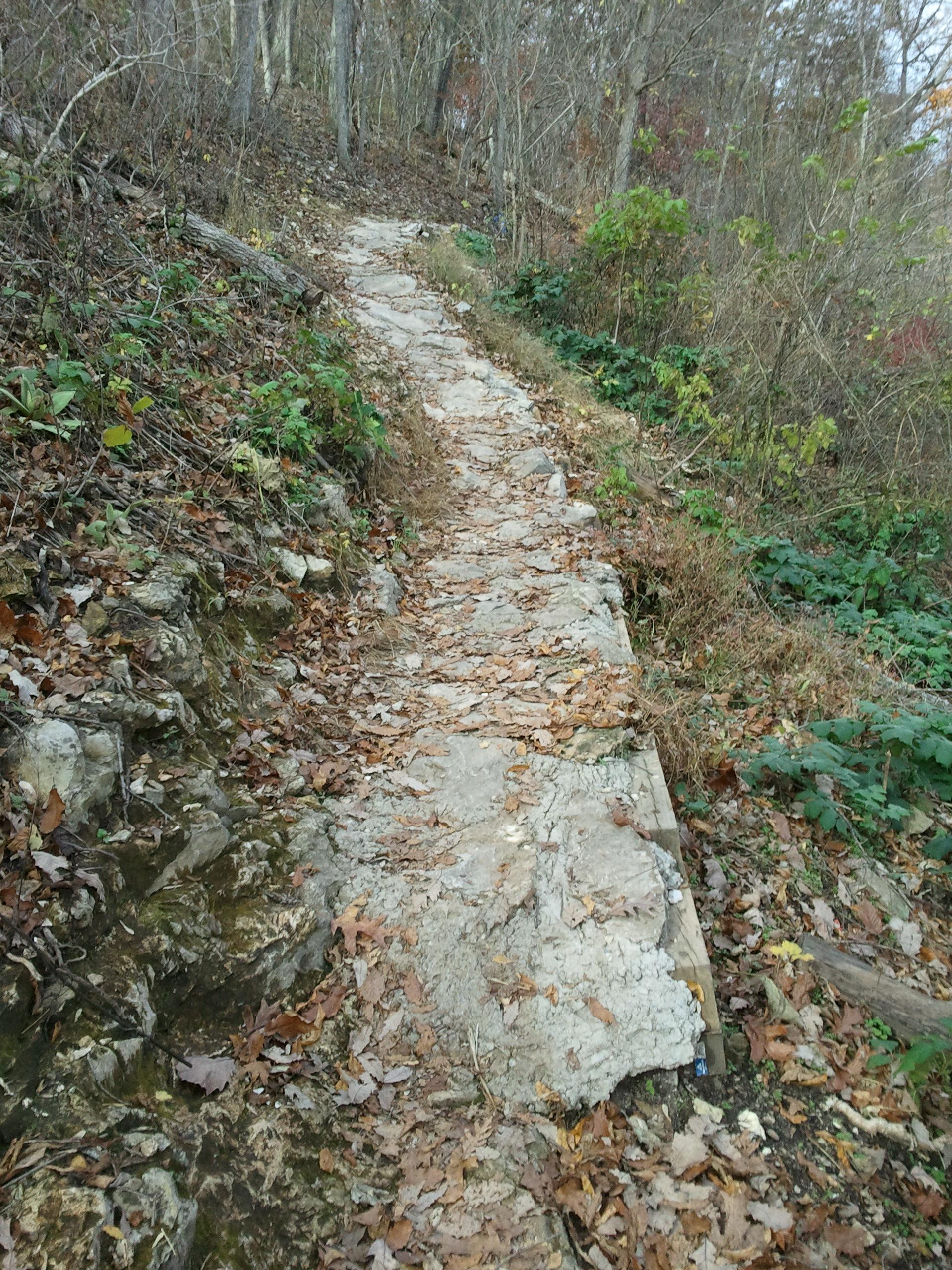 A winding stone path through a wooded area, surrounded by greenery and fallen leaves, leading up a gentle slope. Slaughter Pen Trail mountain bike trail.
