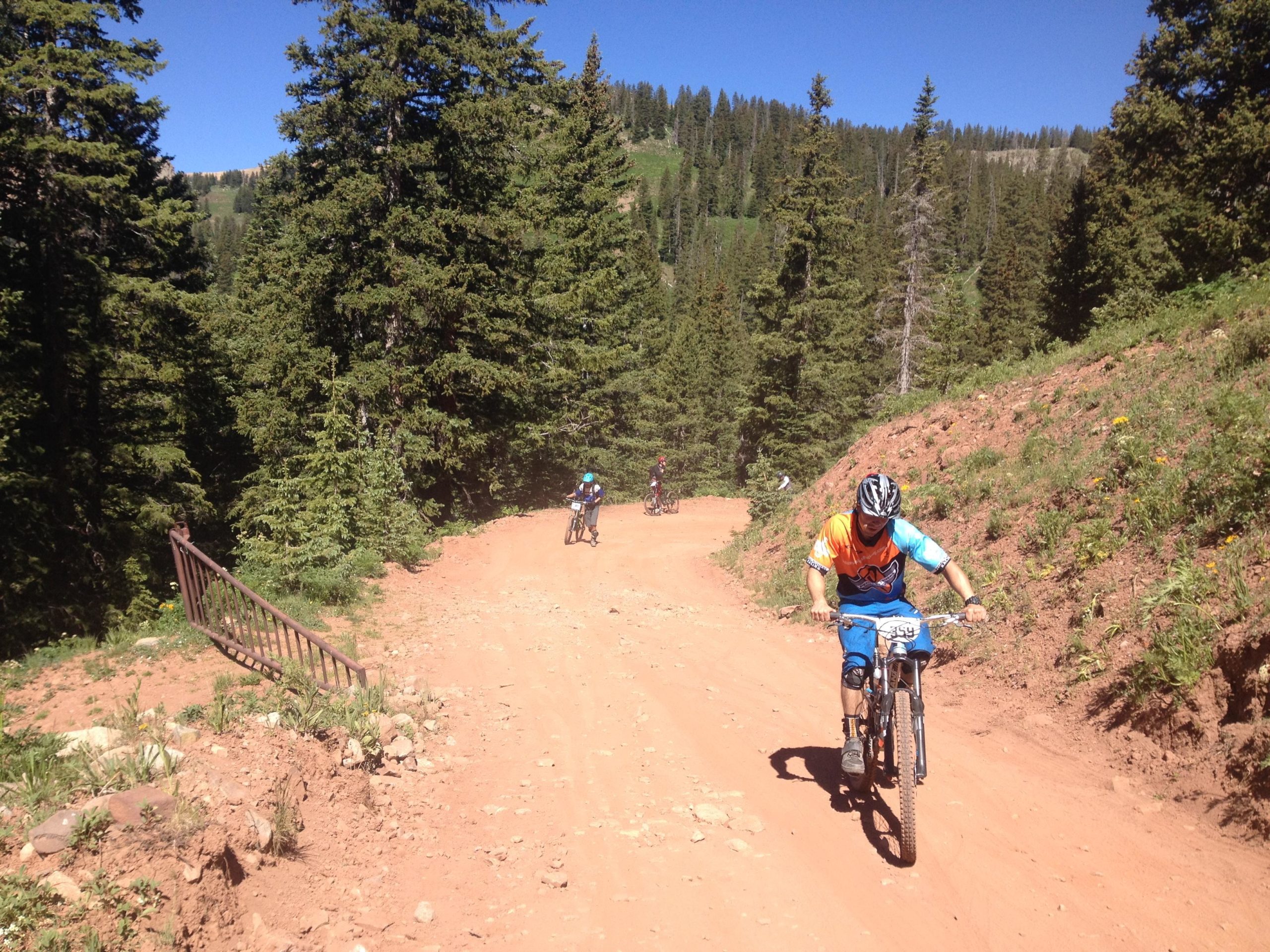 A group of mountain bikers riding on a dirt trail through a forested area. The terrain is rocky and sandy, surrounded by tall green trees and a clear blue sky. One rider is in the foreground, wearing an orange and blue jersey, focused on navigating the trail. Colorado Trail: Kennebec Pass To Junction Creek mountain bike trail.