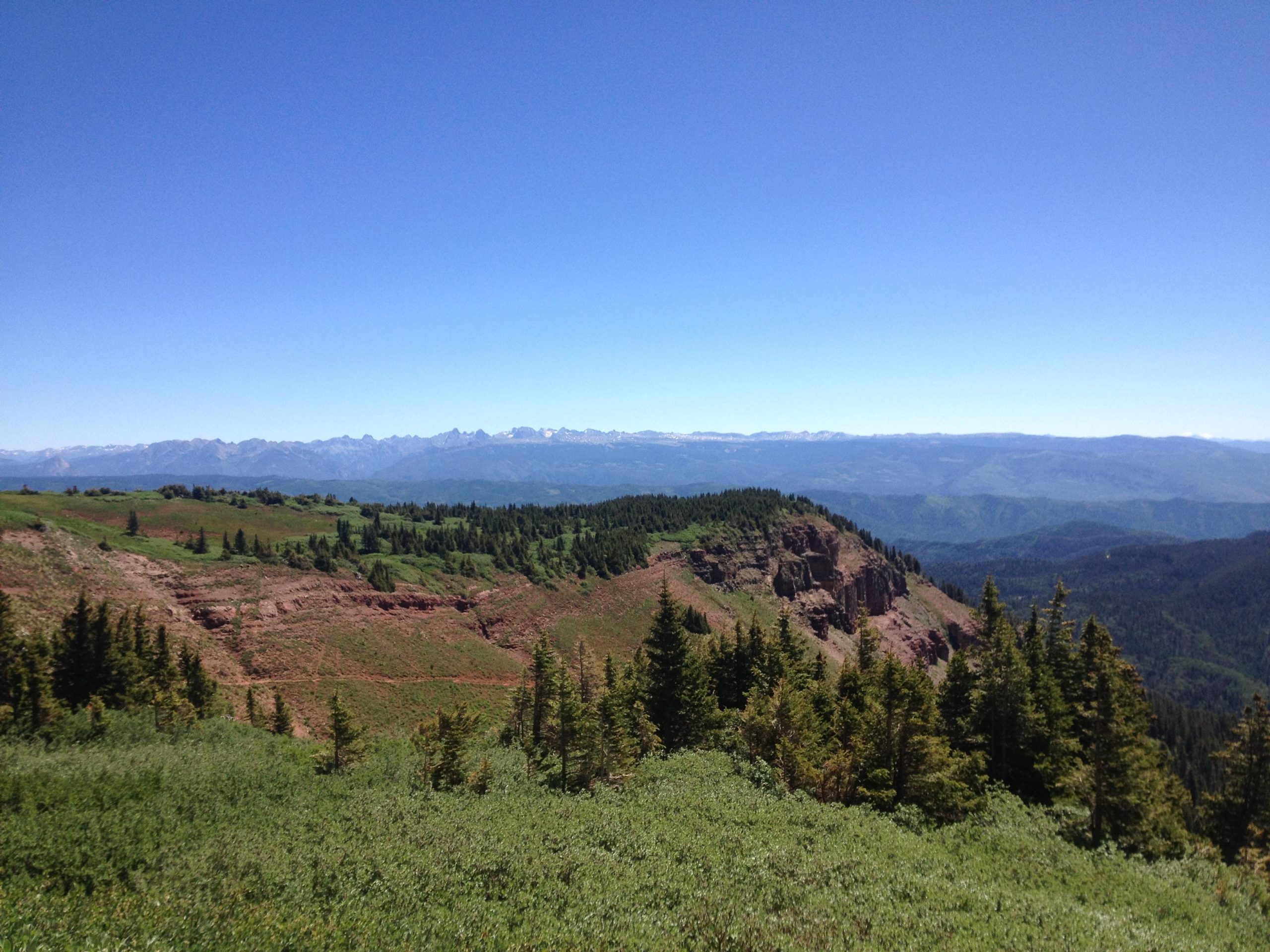 A panoramic view of a mountainous landscape featuring lush green hills and distant snow-capped peaks under a clear blue sky. The foreground includes vibrant greenery and scattered trees, while the background showcases a range of mountains stretching across the horizon. Colorado Trail: Kennebec Pass To Junction Creek mountain bike trail.