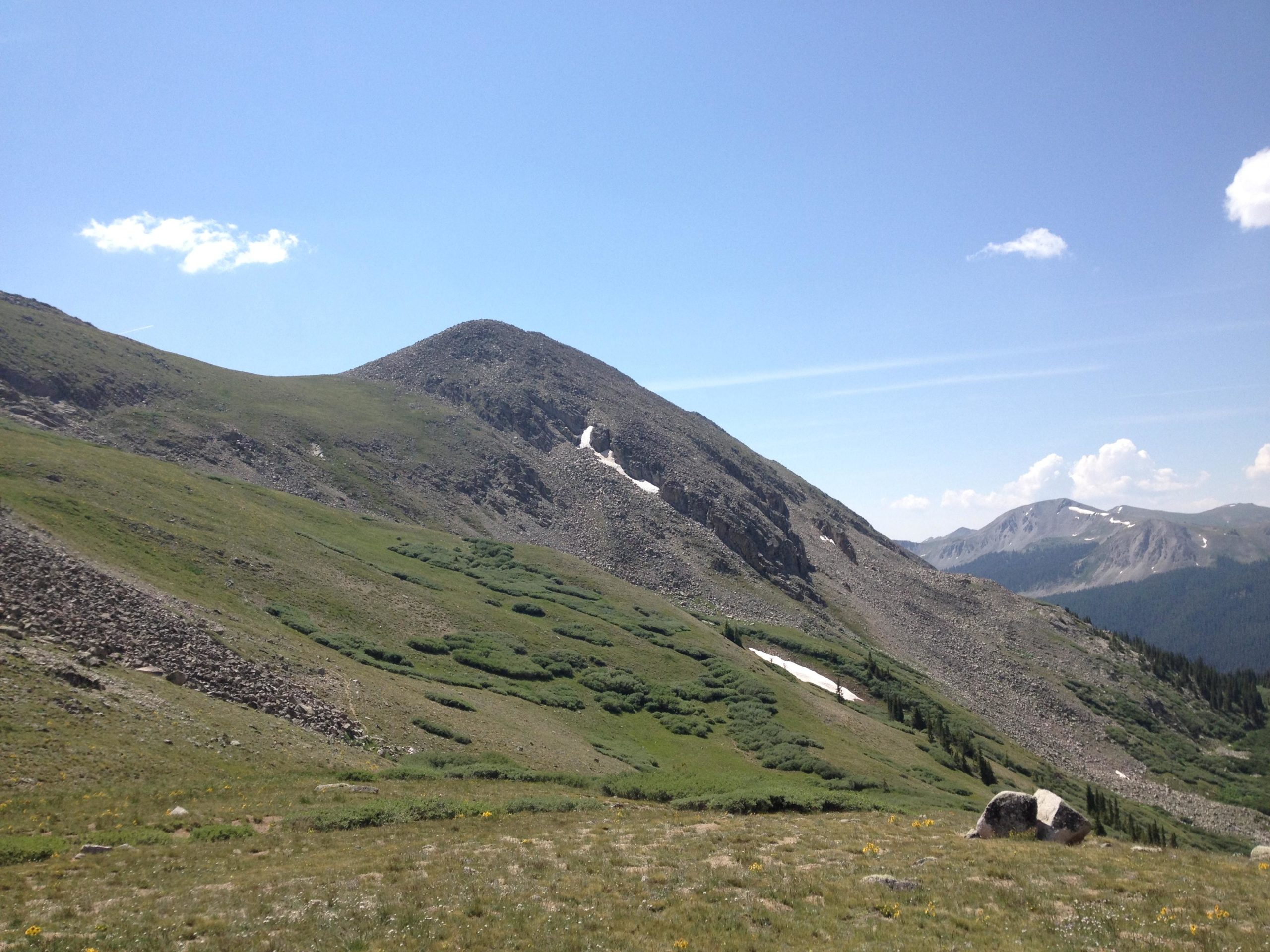 A scenic view of a mountainous landscape featuring rolling green hills with rocky terrain, patches of snow, and distant peaks under a clear blue sky with a few clouds. The foreground includes wildflowers and lush vegetation, while the background showcases a series of rugged mountains. CDT: Alpine Tunnel mountain bike trail.