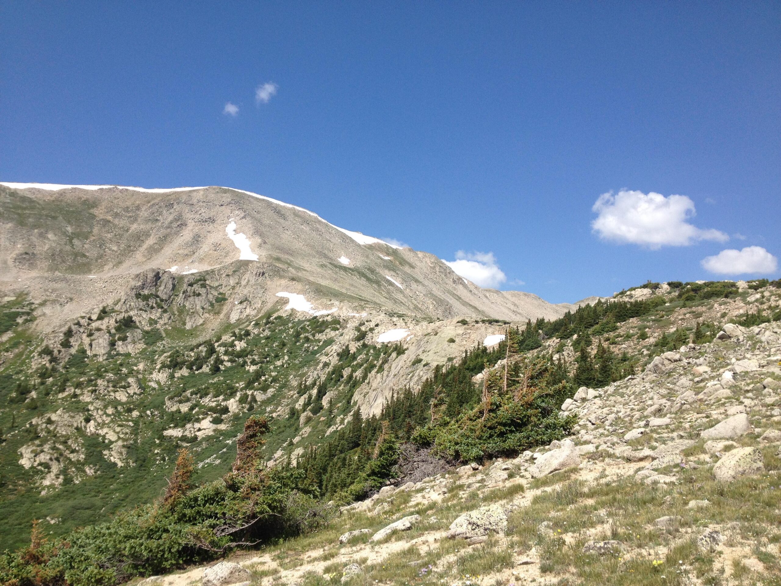 A scenic mountain landscape featuring a rocky terrain with patches of greenery, snow-capped peaks, and a clear blue sky with a few scattered clouds. CDT: Alpine Tunnel mountain bike trail.