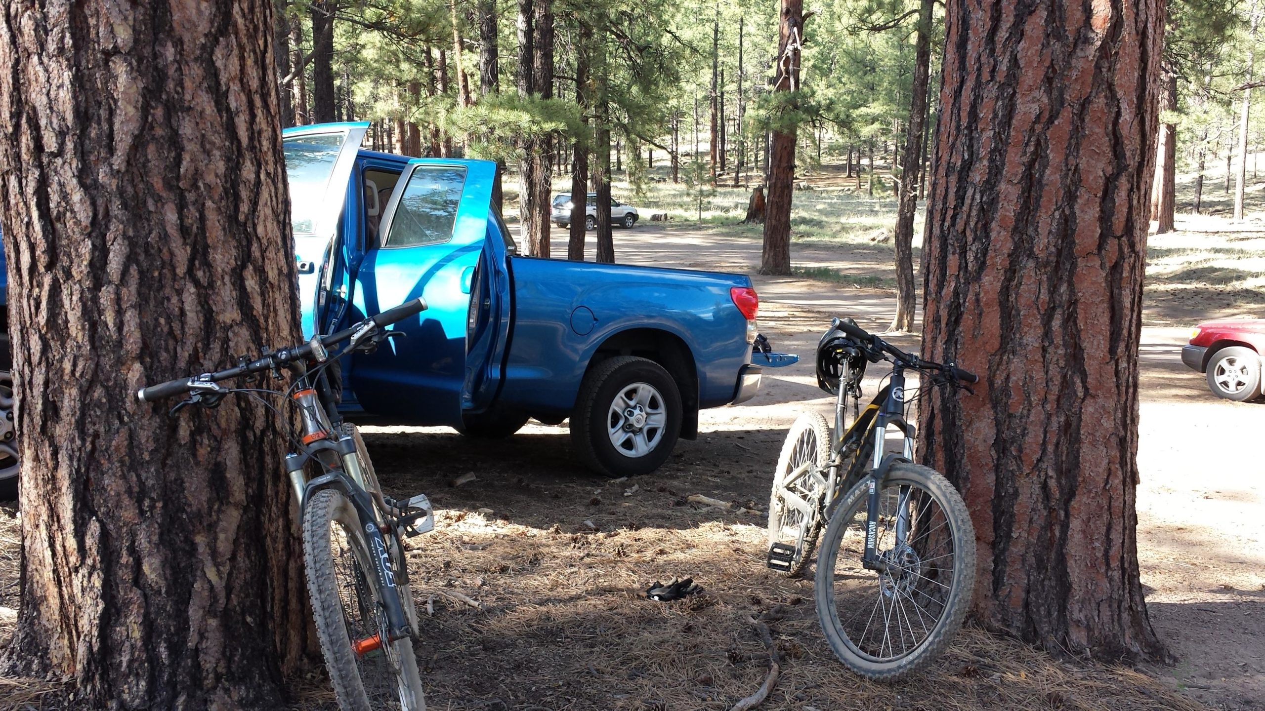 A blue pickup truck parked in a wooded area with its door ajar. Two mountain bikes are leaning against large pine trees in the foreground, surrounded by forested terrain. A red car is visible in the background on a dirt road. Schultz Creek mountain bike trail.