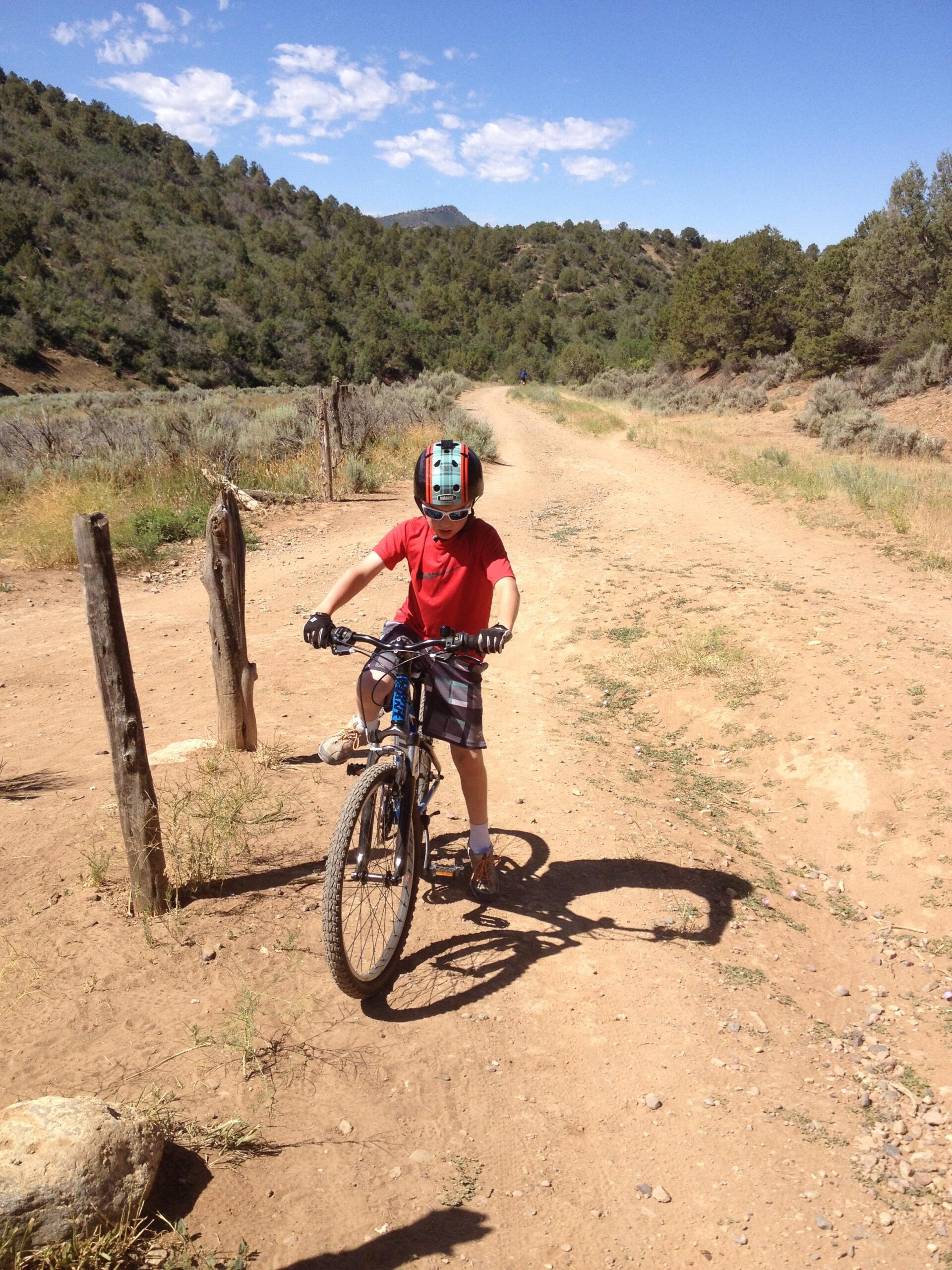 A young boy wearing a helmet rides a bicycle on a dirt trail surrounded by trees and mountains under a blue sky with clouds. Horse Gulch mountain bike trail.